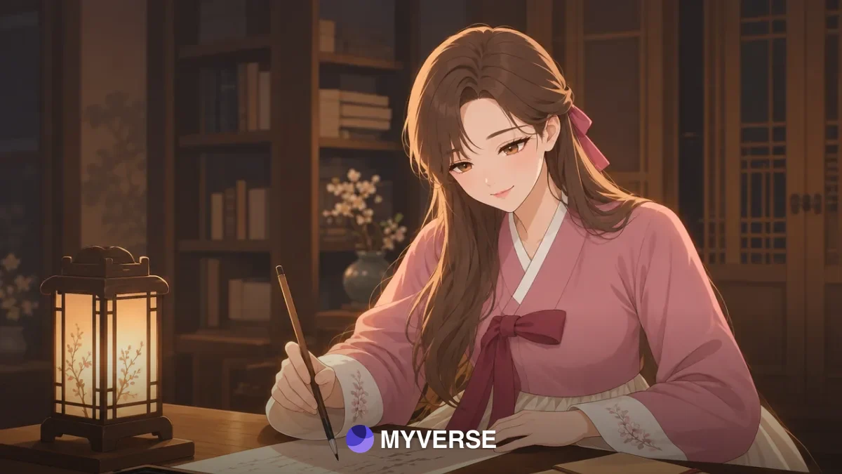 등불 아래에서 붓으로 글을 적는 연화아씨