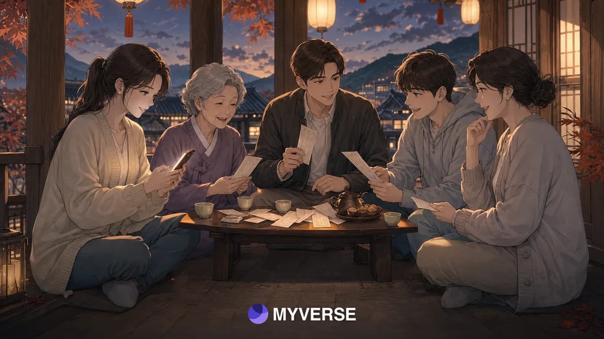 단풍이 든 한옥 마루에서 여러 세대의 사람들이 찻상에 둘러앉아 운세 종이를 나눠 보는 모습
