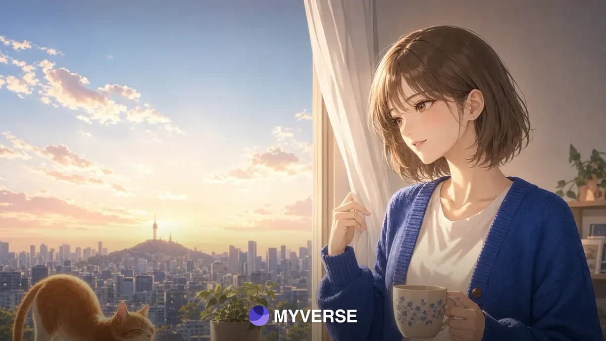 해 뜨는 창가에서 찻잔을 들고 하늘을 보는 사람