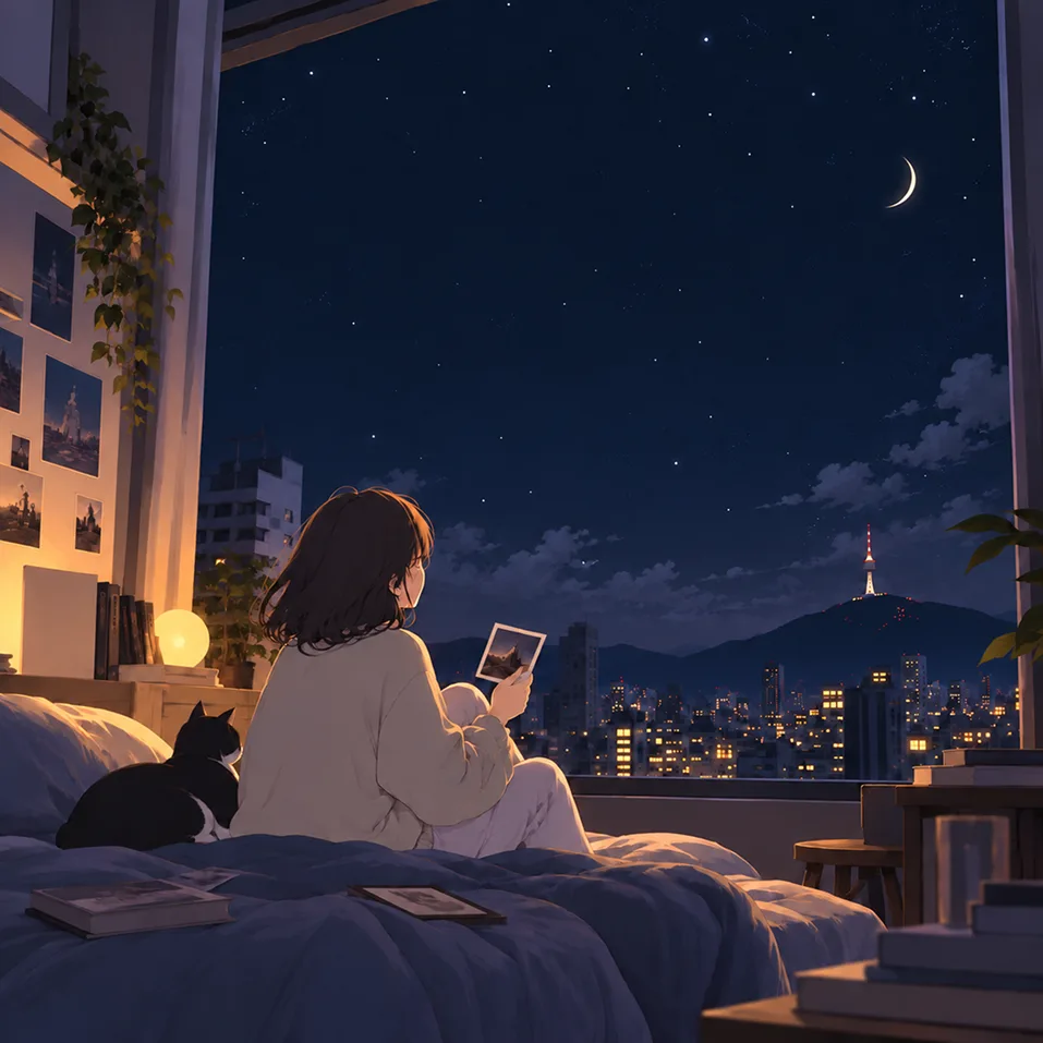 밤하늘이 보이는 창가 풍경
