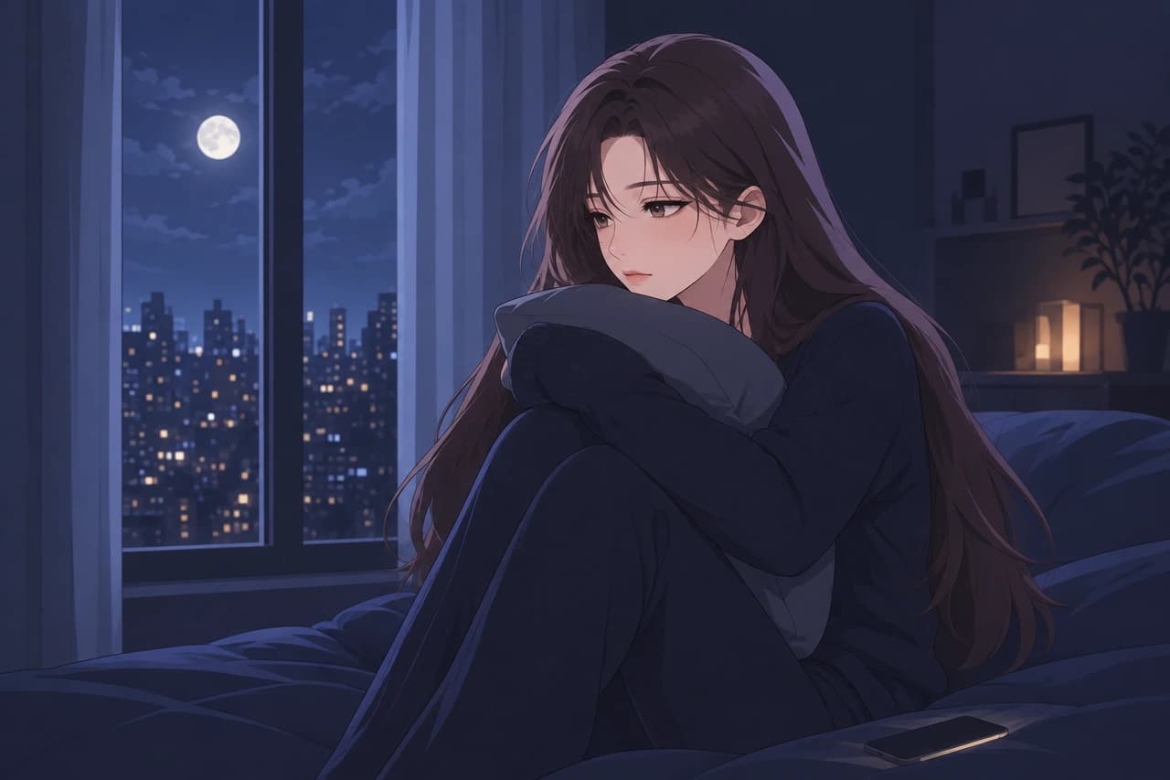 늦은 밤 창가 침대에서 쿠션을 끌어안고 달과 도시 불빛을 바라보는 사람