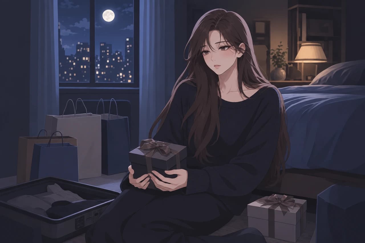 쇼핑백과 여행 가방 사이에 앉아 열지 않은 선물 상자를 든 채 먼 곳을 보는 사람
